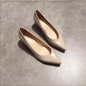 Nude beige block heel pointed pumps